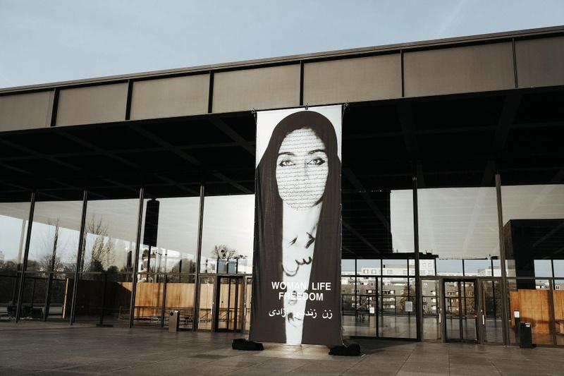 Shirin Neshat’s work ‘Unveiling’ hung by Neue Nationalgalerie in solidarity with the 2022 protests in Iran, Berlin 2022
