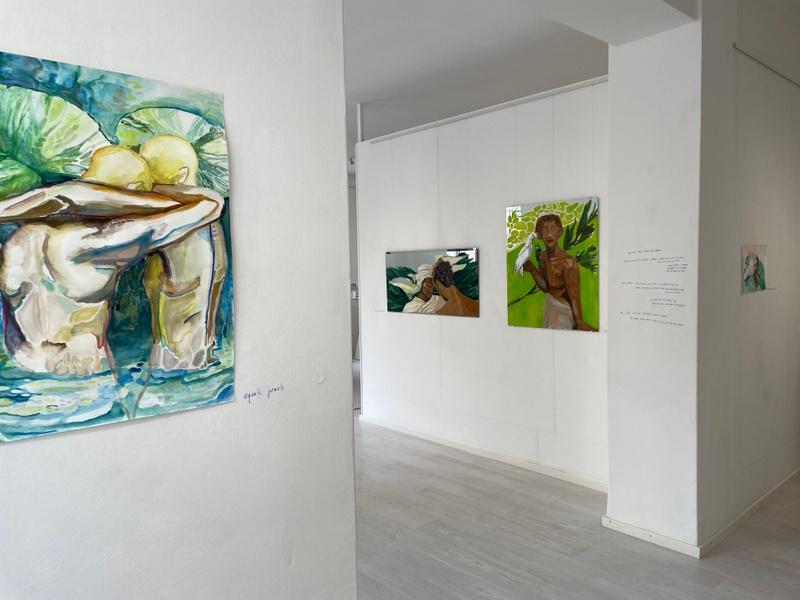 Installation view of three paintings: Aquatic Jewels, Peace, Valley of Callus