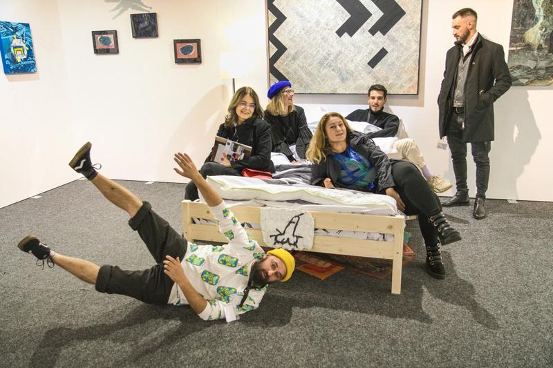 E T A J crew and the Romanian Cultural Institute team on the installation bed FETISH at Budapest Art Market, October 2021