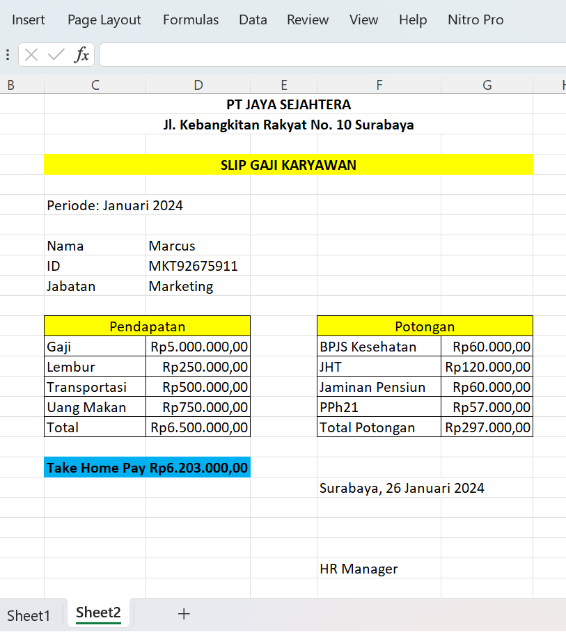 Contoh slip gaji Excel.