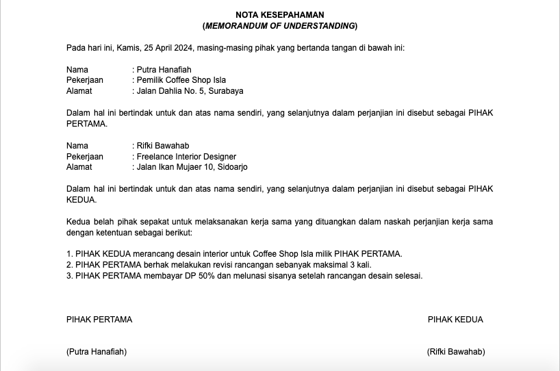 Contoh surat MoU kerja sama.