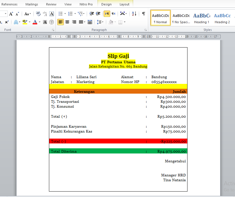 Contoh slip gaji Word.