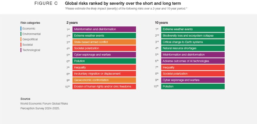 Global risks ranked by severity over the short and long term