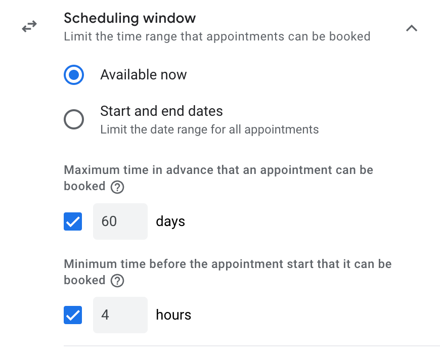 Google Appointment Schedule - Scheduling Window