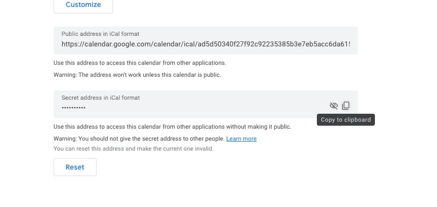 Google Calendar - Copy the secret address