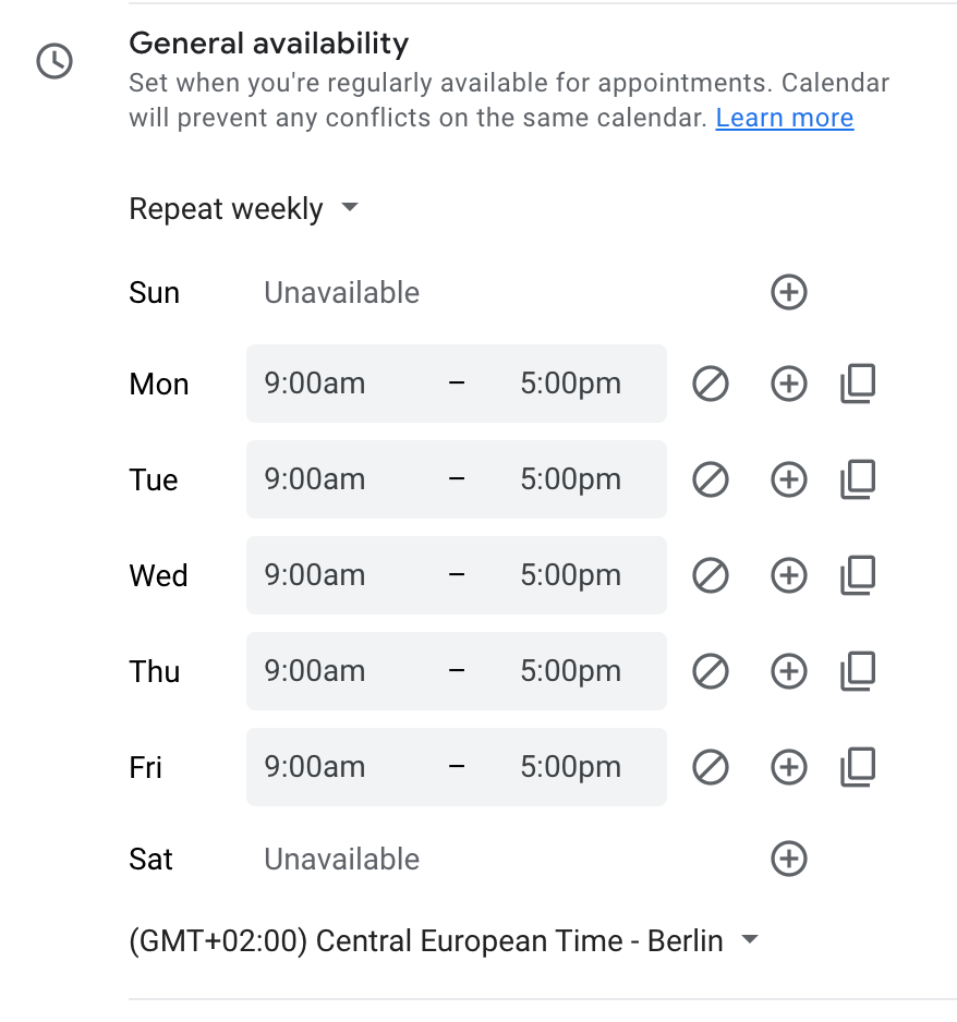 Google Appointment Schedule - Confugure availability