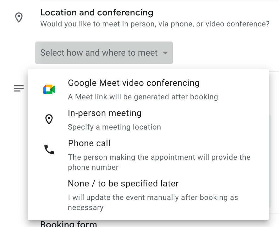 Google Appointment Schedule - Booking Location