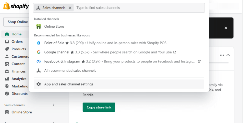 Shopify store sales channel