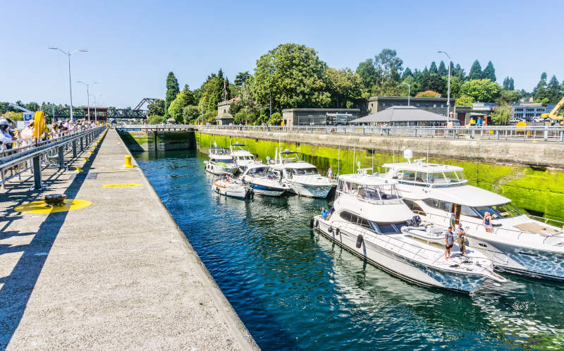 Boats waiting in the Ballard Locks.