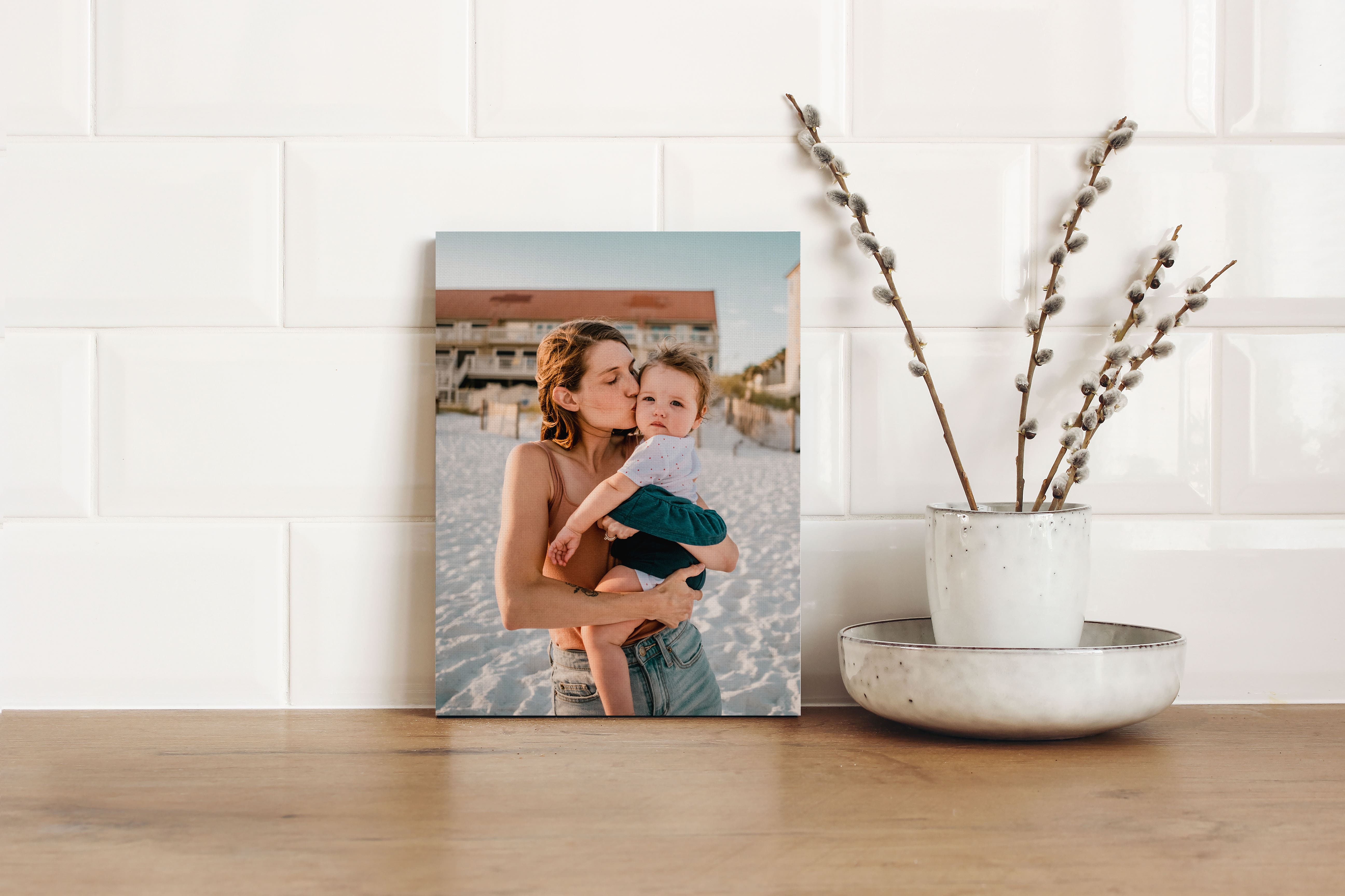 Tabletop canvas print of mother and son.