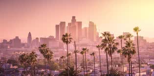 Sunset skyline view of downtown Los Angeles California