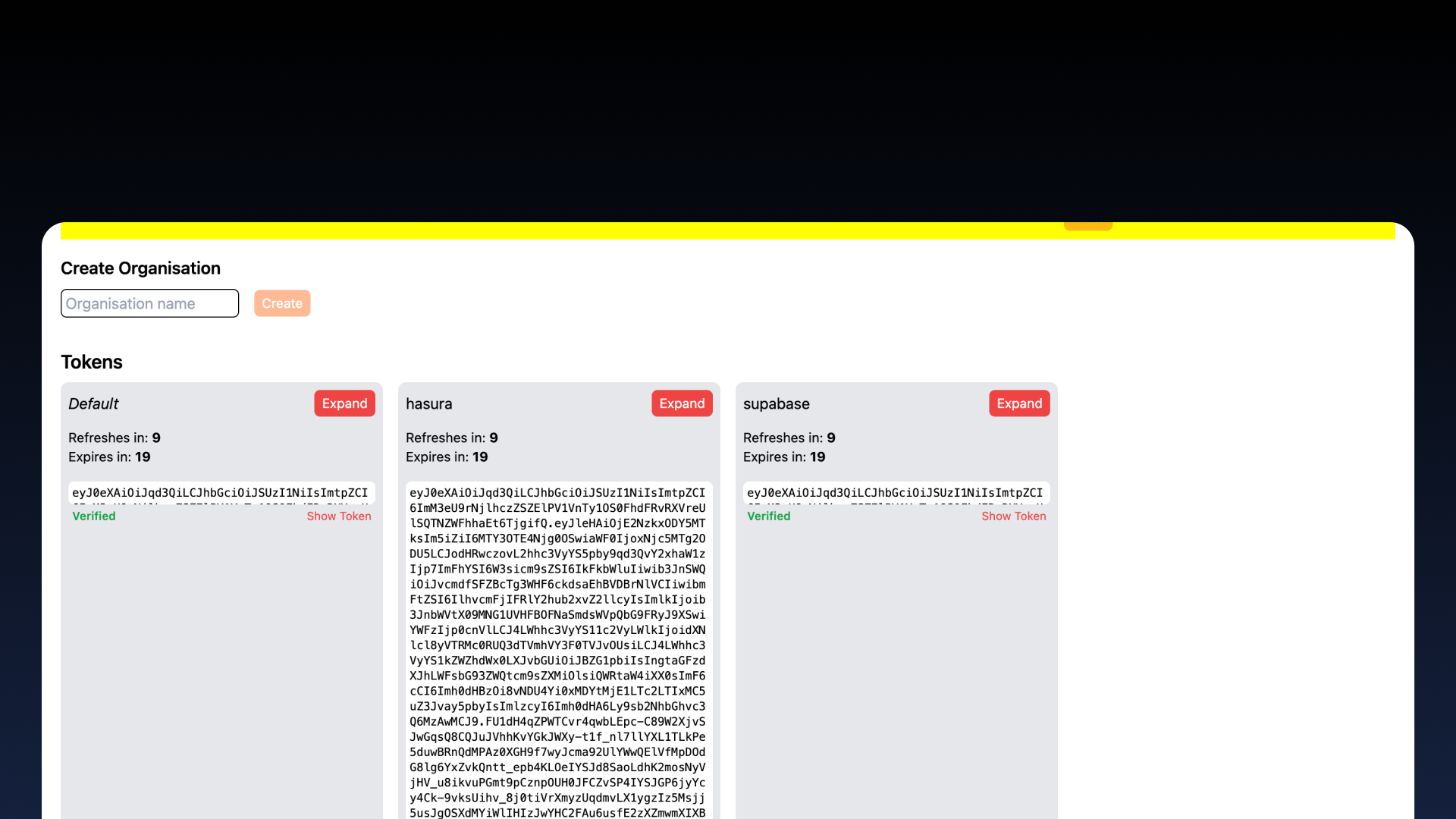 A Rakshak test frontend showcasing multiple tokens generated from their respective token templates!