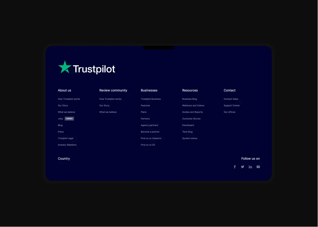 Website footer design for Trustpilot's website