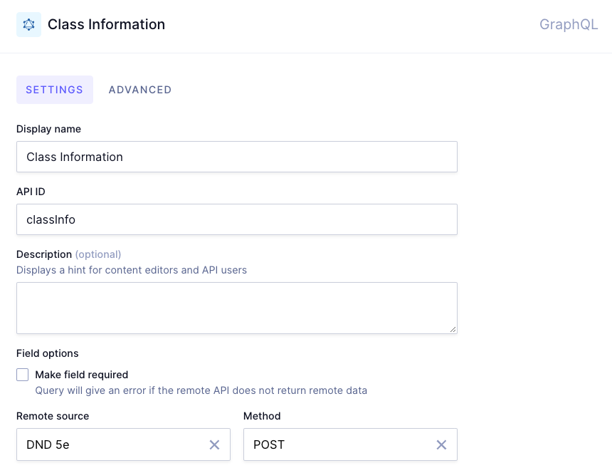 Basic settings for the class information field including a display name and the API prefix with "GraphQL" selected for type