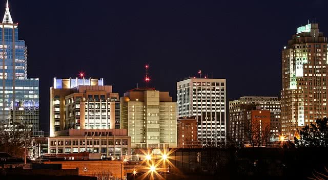 Downtown city night view of Raleigh Durham