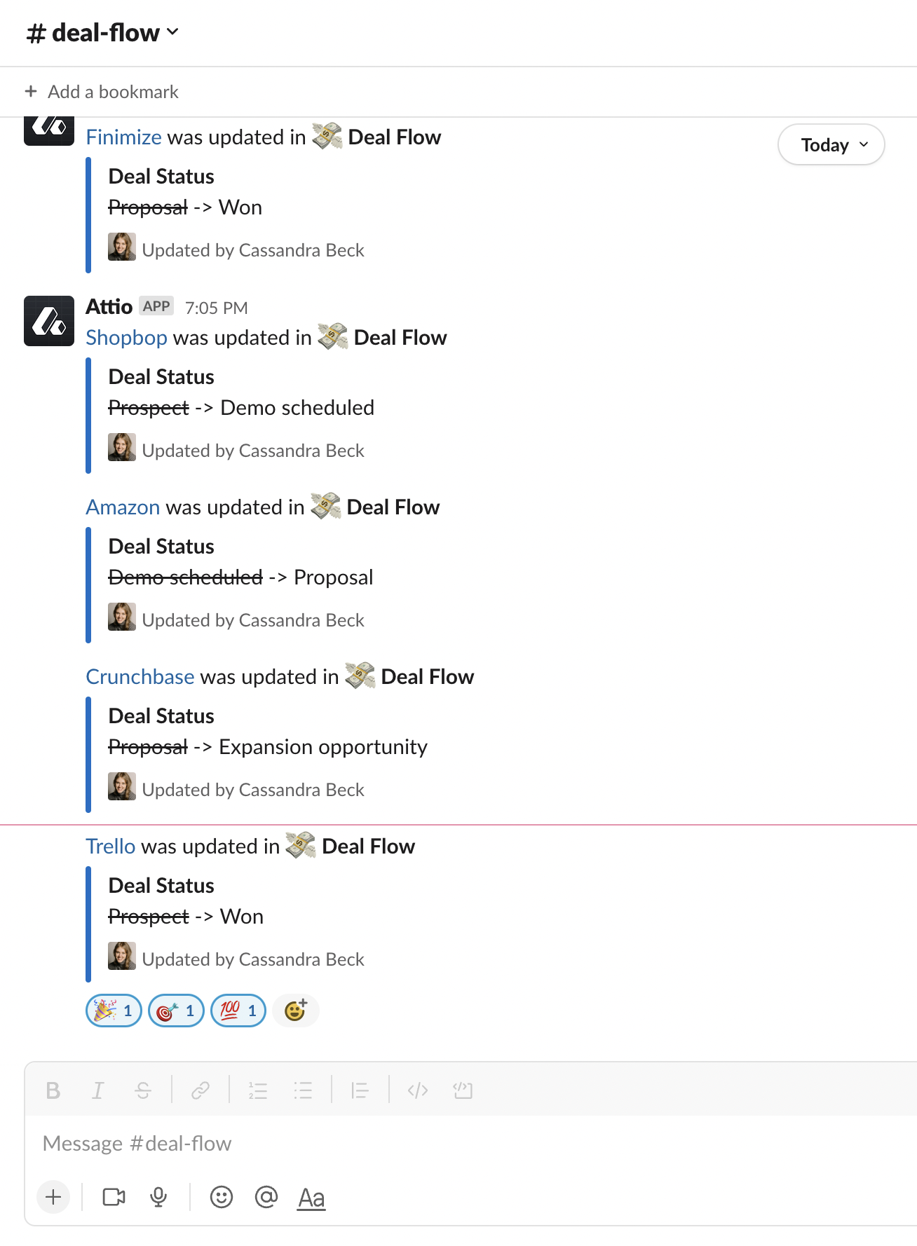 A #deal-flow Slack channel feed showing notifications posted by the Attio bot about attribute updates