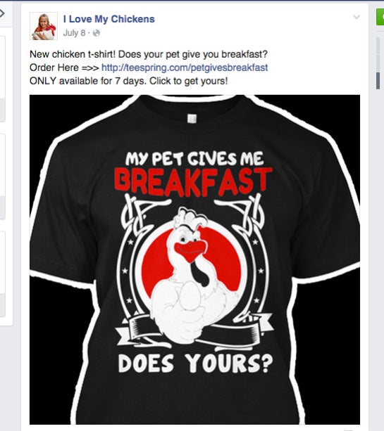 Ein Beispiel für eine Teespring-Kampagne auf einer Facebook Page ("I Love My Chickens").
