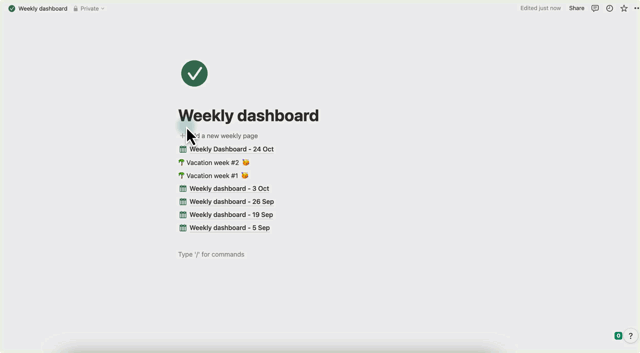 Animated demo of the weekly dashboard in Notion, showing quick task management and tracking.