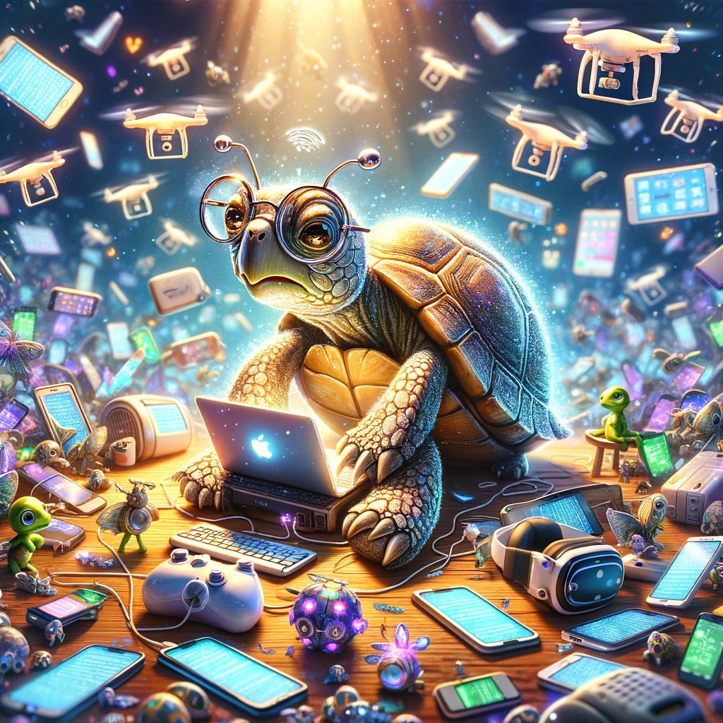DALL·E 2024-03-18 12.42.57 - Imagine a whimsical scene for an article titled -Tech FOMO_ Why it-s slowing us all down.- The image features a turtle surrounded by a plethora of tec.webp