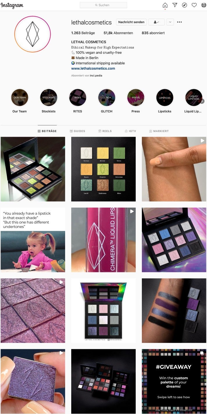 Ein Blick auf den Instagram Account von Lethal Cosmetics