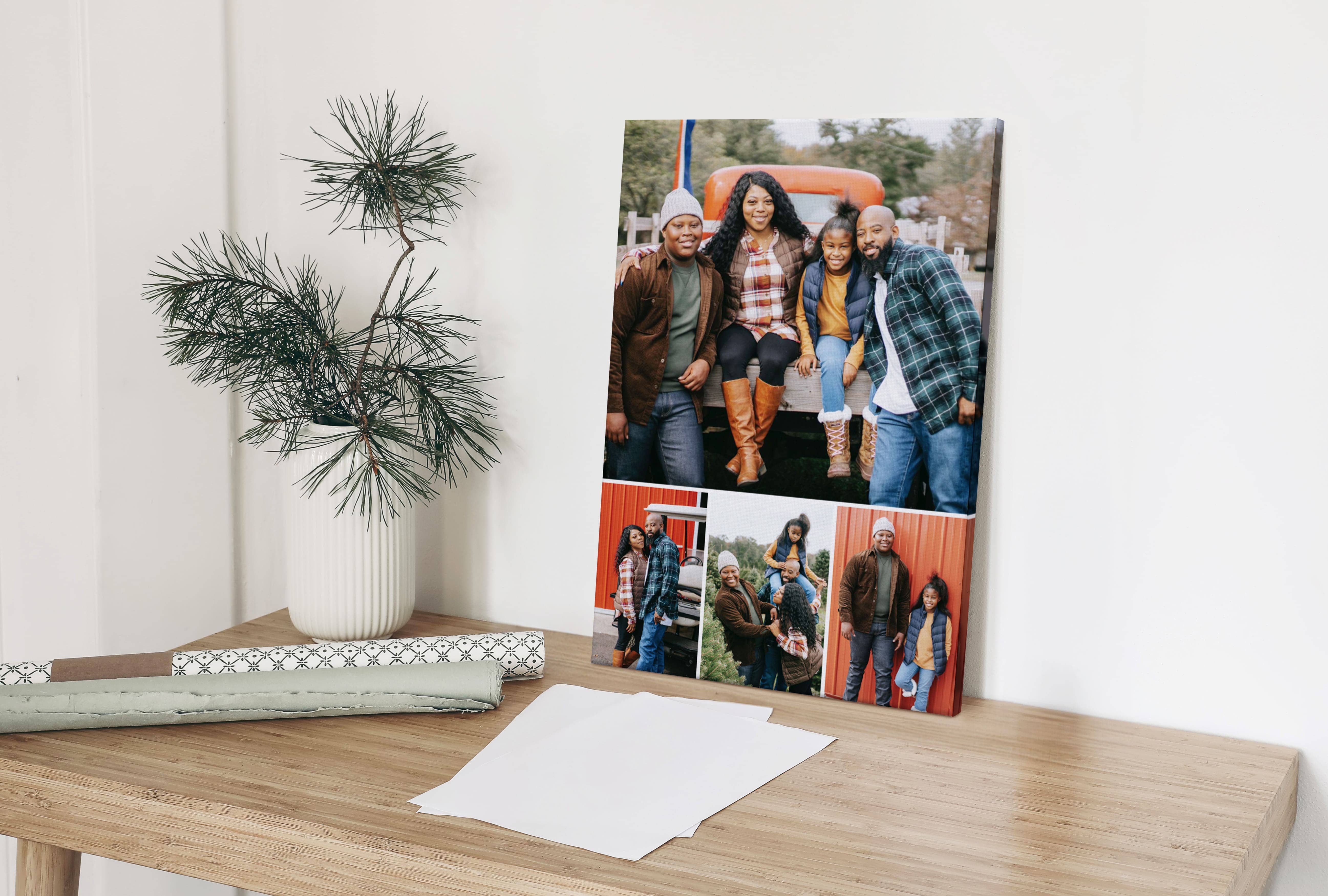 Collage print of family at Christmas tree farm.