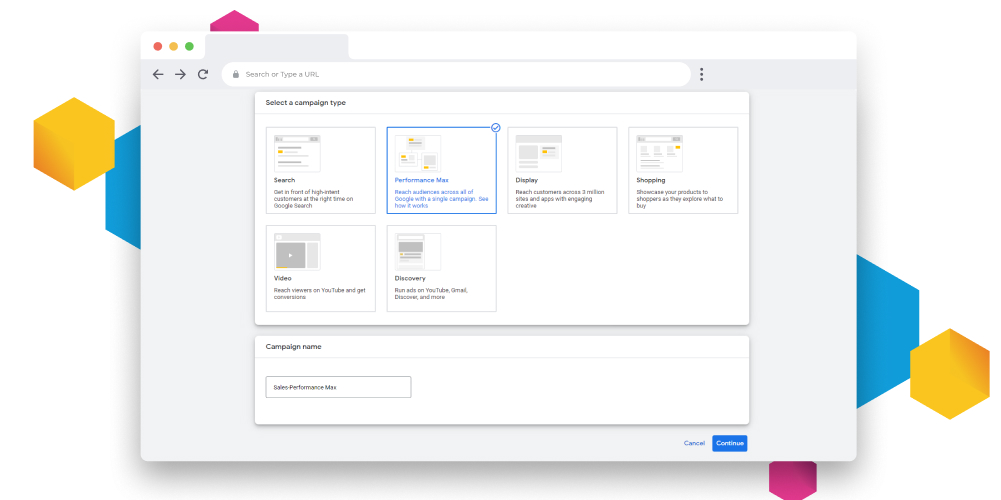 Choose Performance Max campaigns type