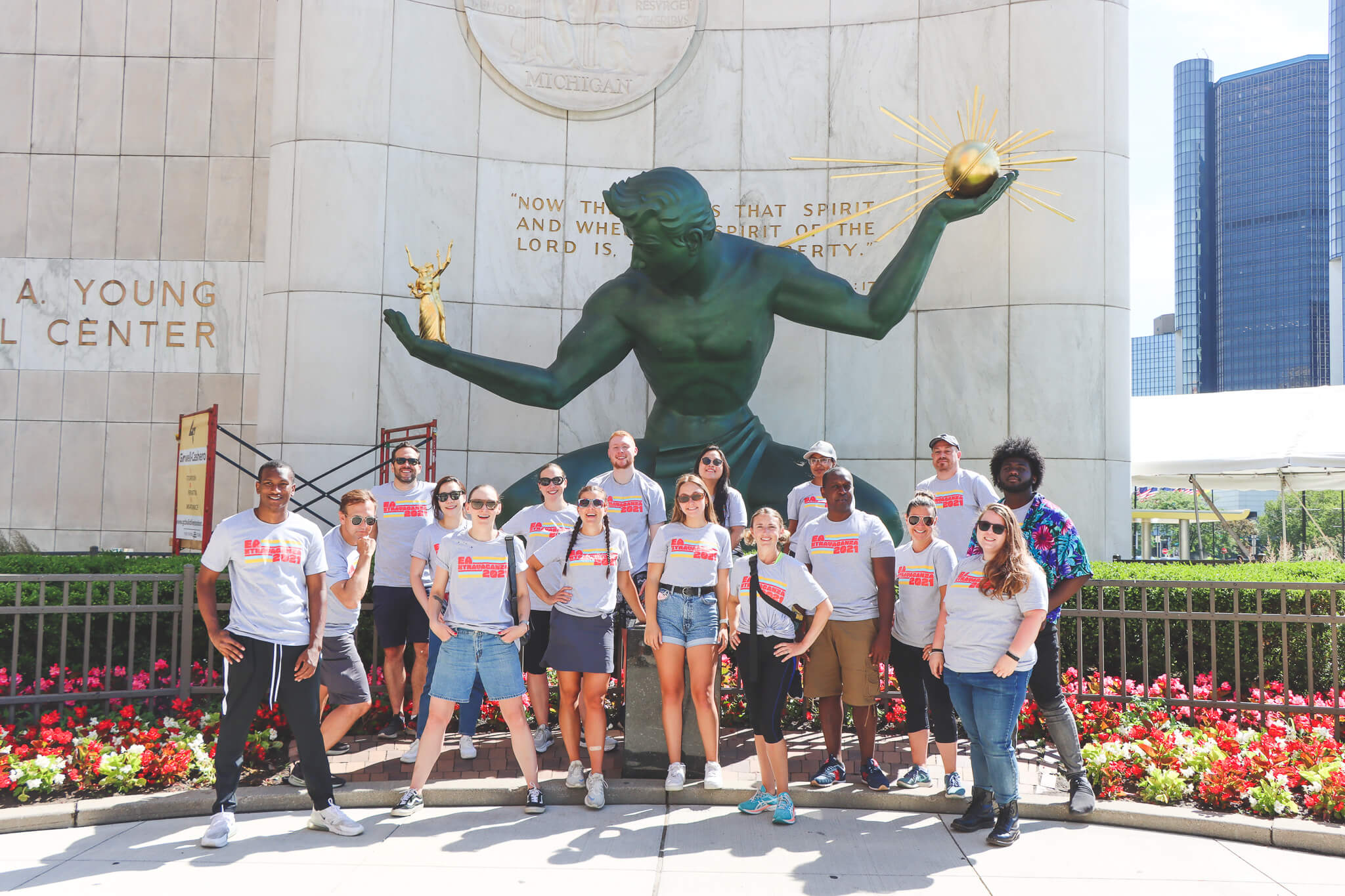 Excelerate America team photo in front of the Spirit of Detroit statue 