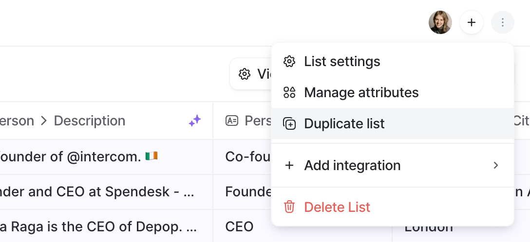 Dropdown menu in a list showing the option to duplicate a list