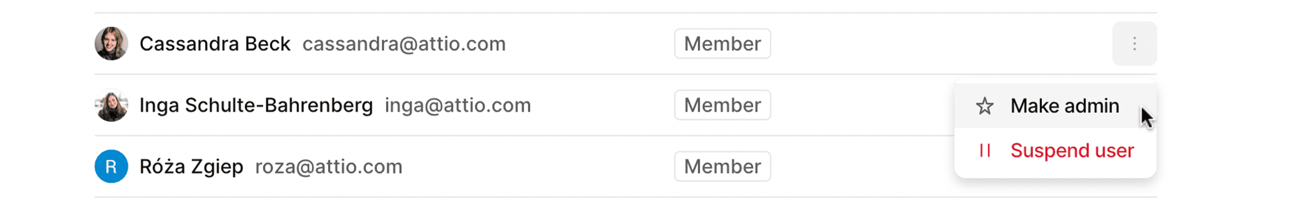 The cursor hovers over a dropdown beside a team member's name, offering the option to either edit their access (member or admin) or suspend them.