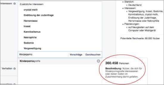 Targeting-Kategorien im Buchungs-Tool von Facebook (Screenshot)
