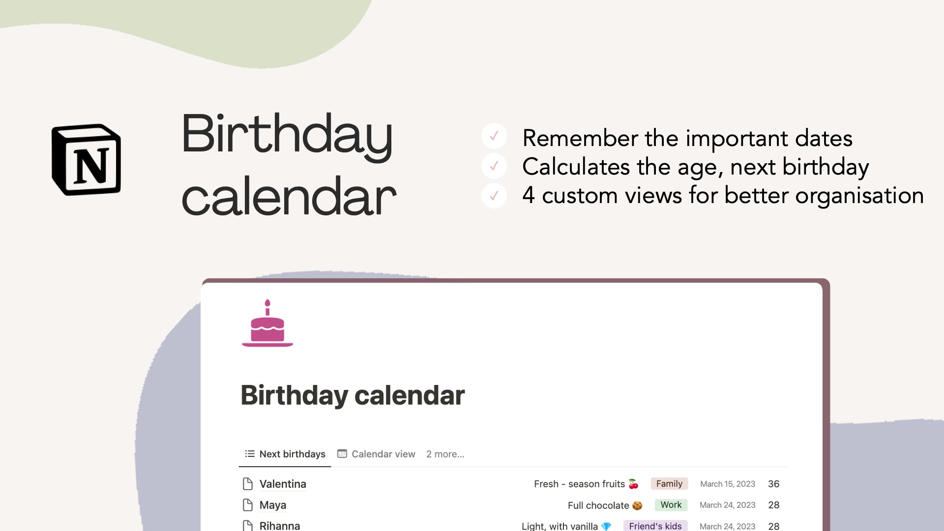 Overview of Notion birthday calendar template with clear instructions on how to organize important dates