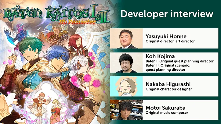 Graphic with Baten Kaitos HD I & II HD Remaster characters and photos of developers Yasuyuki Honne, Koh Kojima, Nakaba Higurashi, and Motoi Sakuraba.