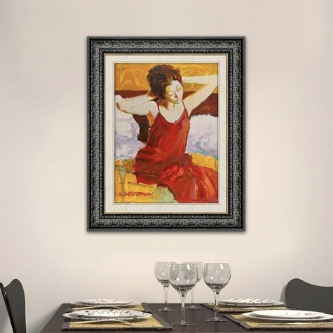 Framed painting of a lady in a red dress hung on a wall