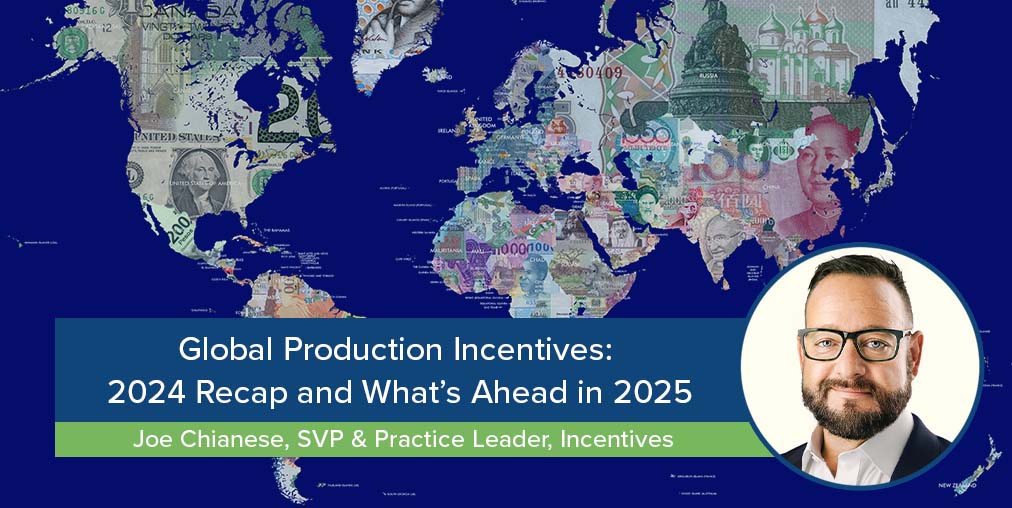 Wide-Global production incentives represented by currencies and countries on a blue map