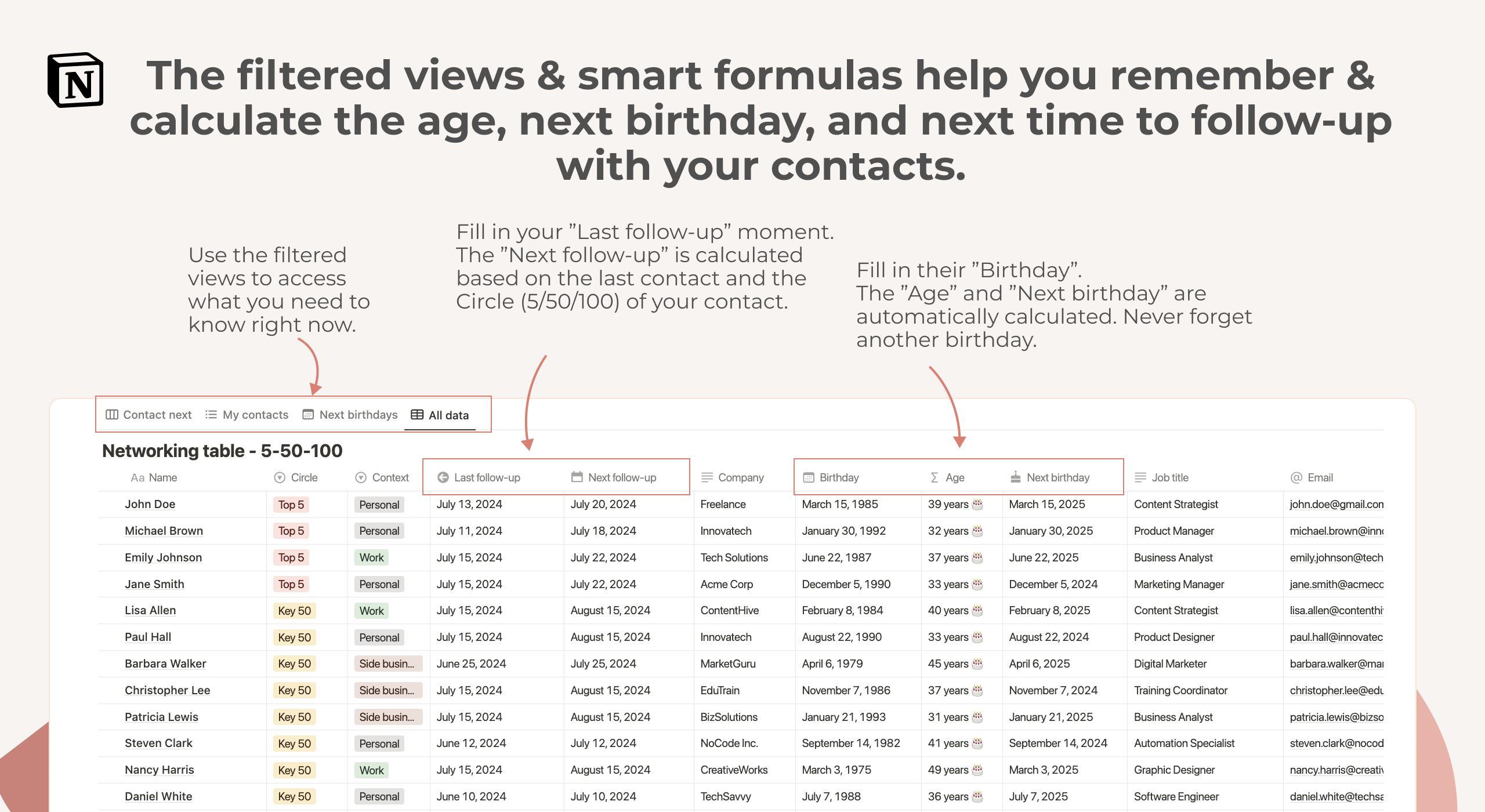 Networking age and birthday tracker - calculate next follow-up with contacts.