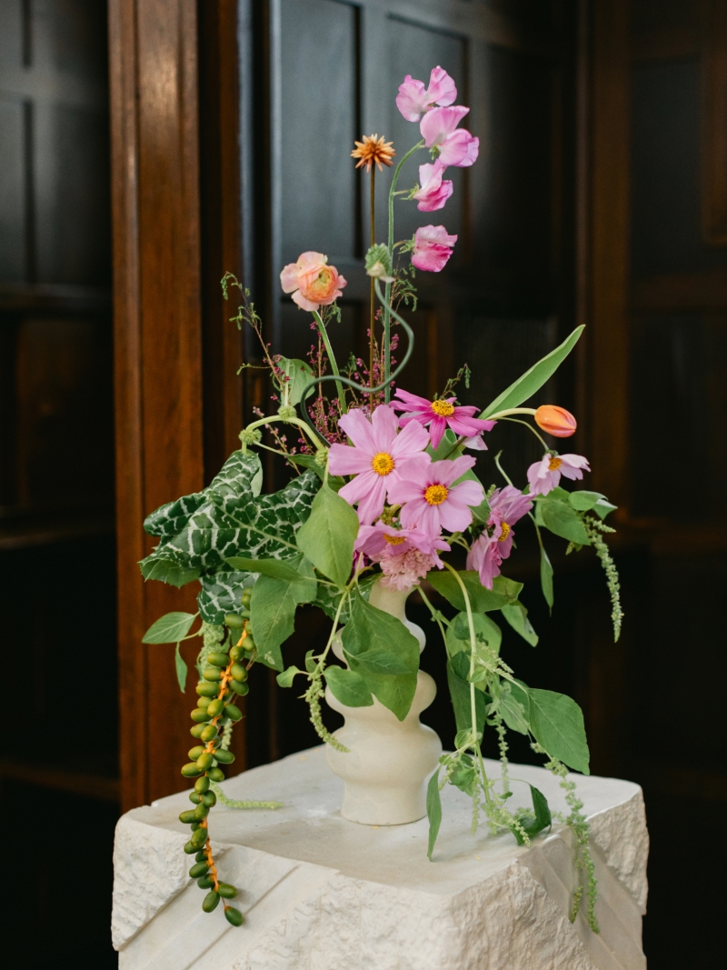 close up of florals at a wedding reception in downtown Los Angeles