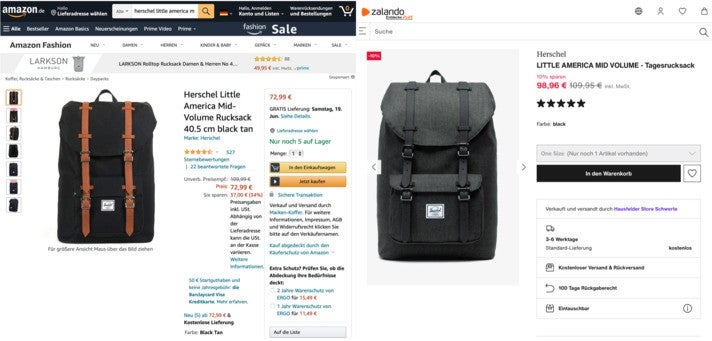 Information vs. Inspiration: Produktpräsentation eines Rucksacks auf Amazon (links) und Zalando (rechts) im direkten Vergleich