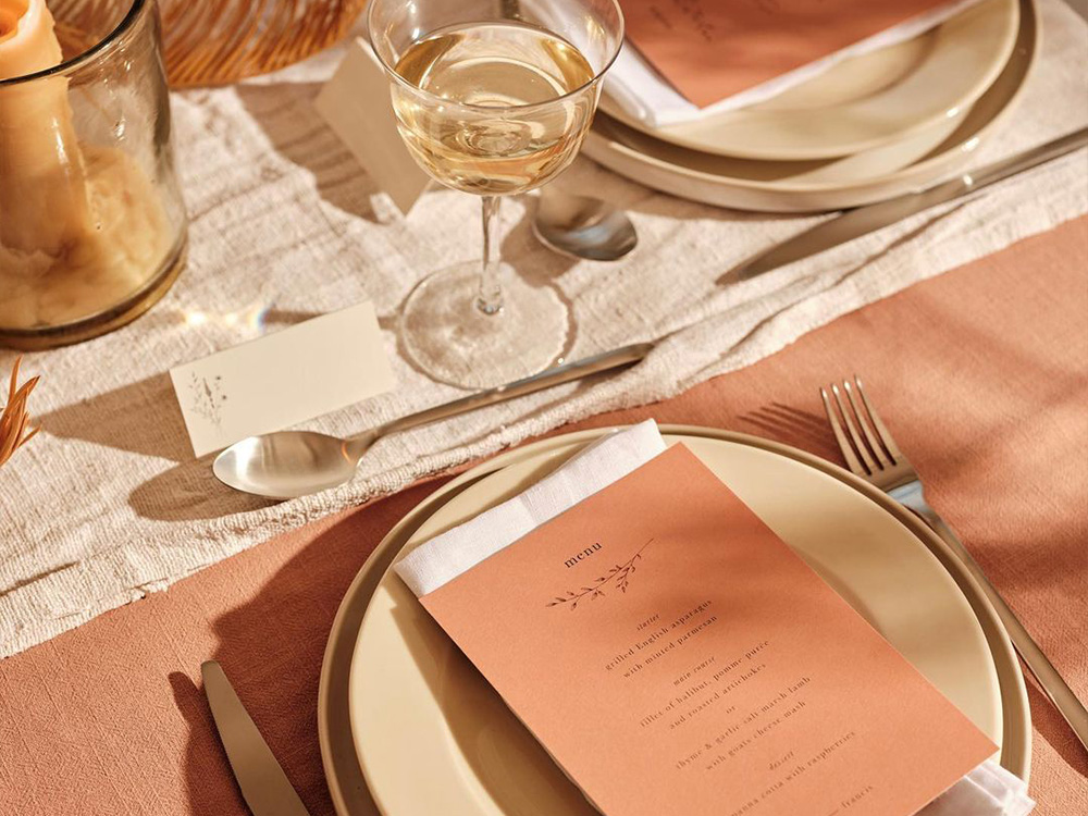 wedding stationery menu design in auburn tones