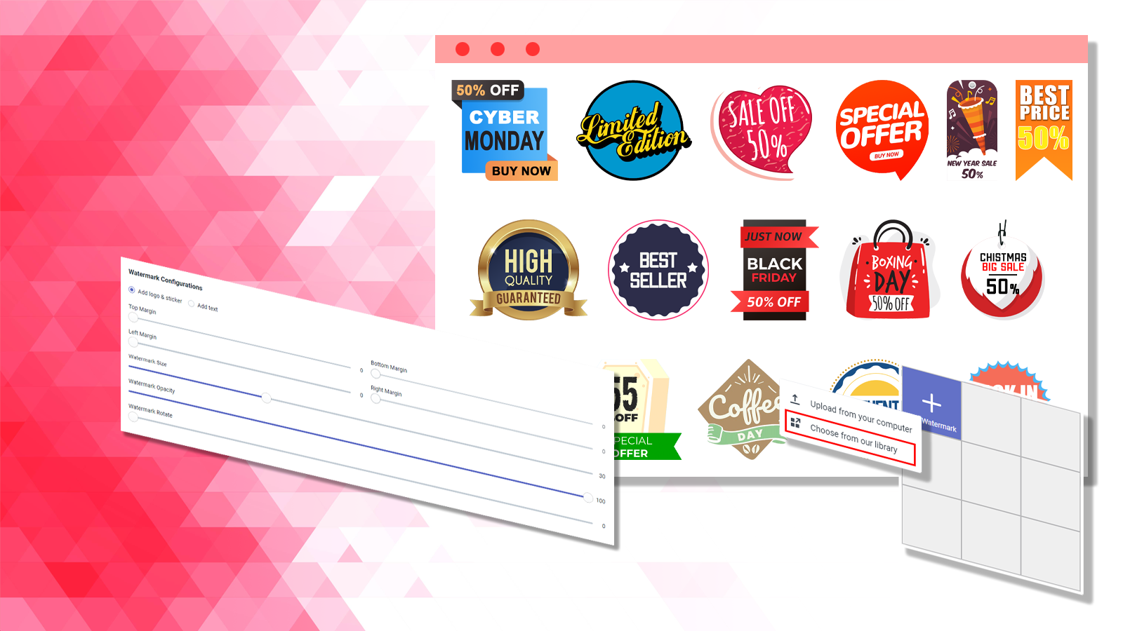  - Choose product badges from our library then configure and add to your product images