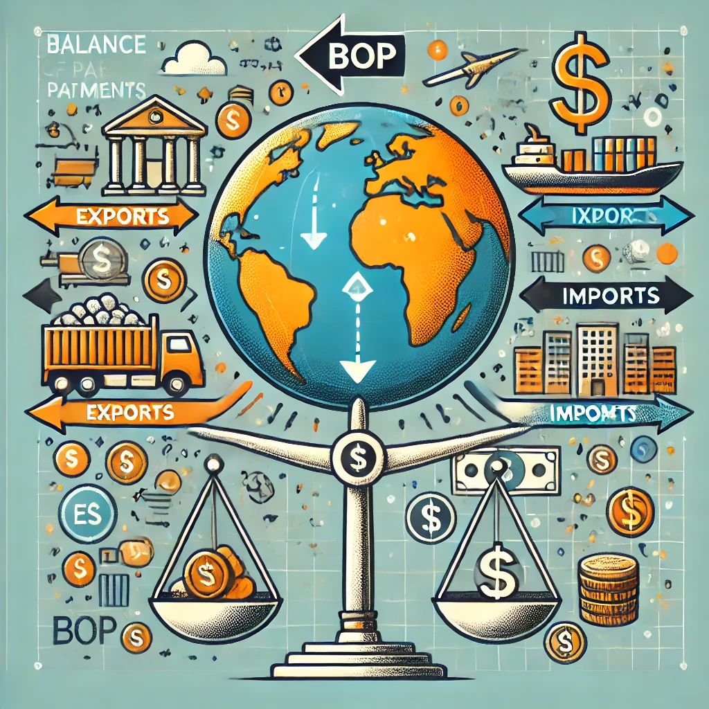 DALL·E 2024-09-21 09.17.47 - An infographic-style thumbnail representing the concept of Balance of Payments (BoP). The image features a globe in the center, symbolizing internatio.webp