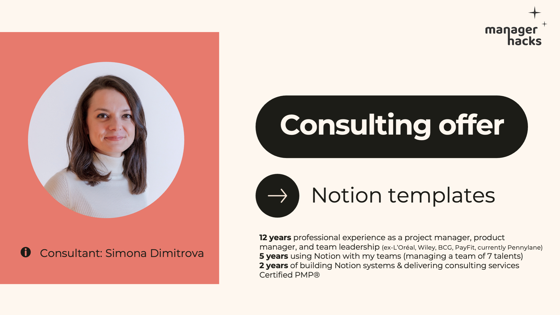 Image of a consulting offer for Notion templates featuring Simona Diaconu with a call to action