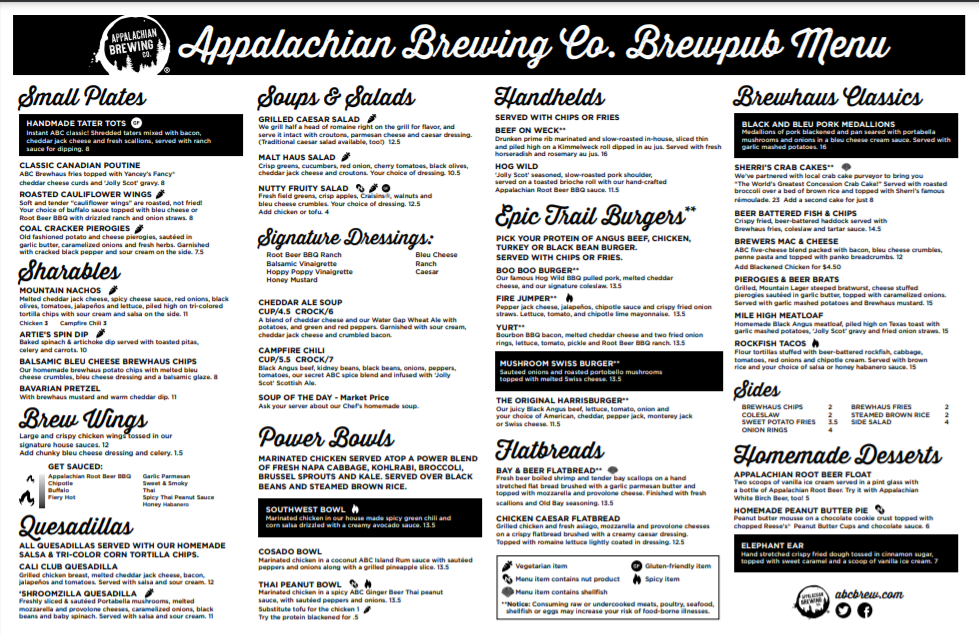 The brewpub menu features a wide variety of foods and cuisines.