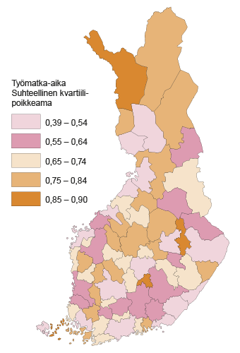 Kuvat 1a ja 1b. Työmatka-ajan (autolla) mediaani ja suhteellinen kvartiilipoikkeama  (quartile coefficient of dispersion) seutukunnittain. Luokitus on ns. luonnollisten luokkavälien mukainen (Jenks). Ahvenanmaan saariston seutukunta on tässä outlier (ulkopuolinen havainto). Lähde: 