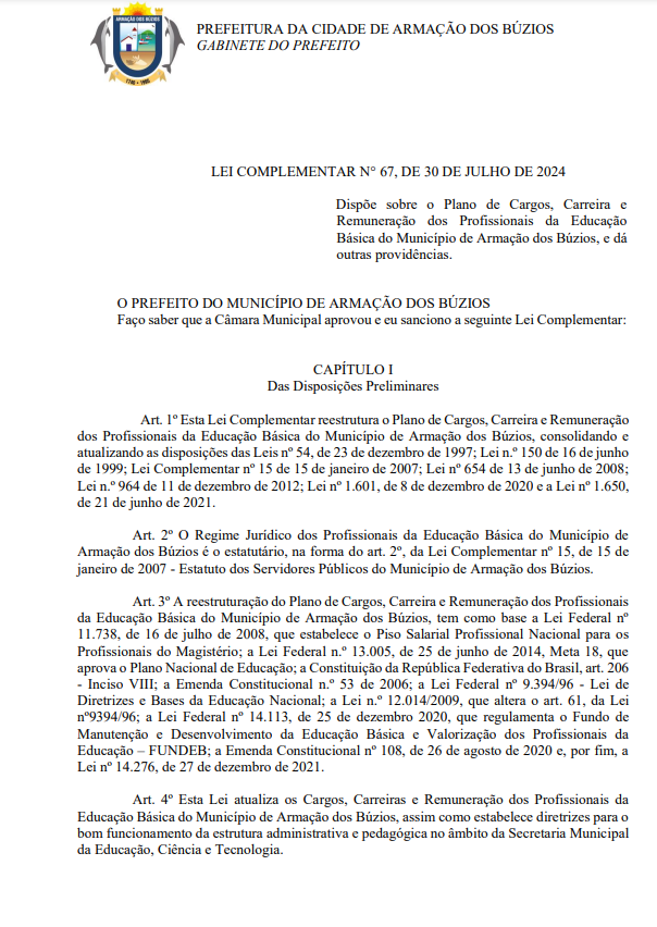 LC 67/2024 Plano de Cargos dos Profissionais da Educação