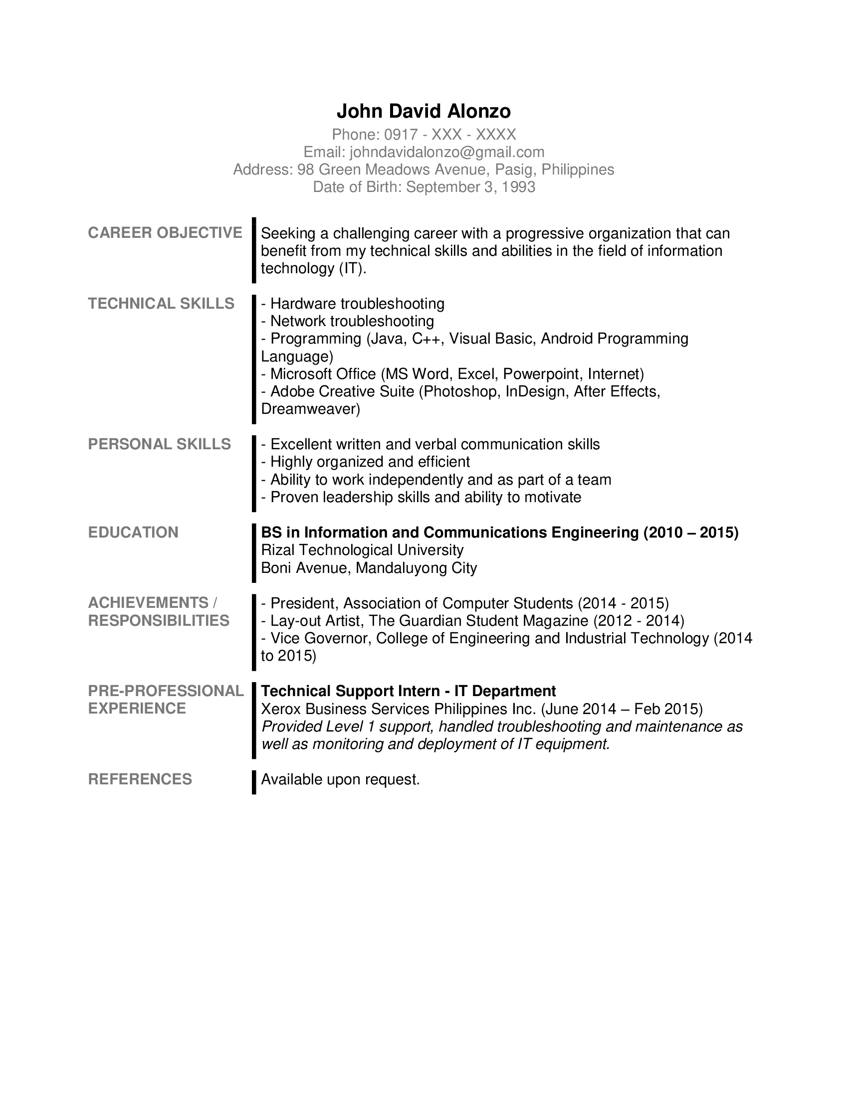 chronological resume sample philippines