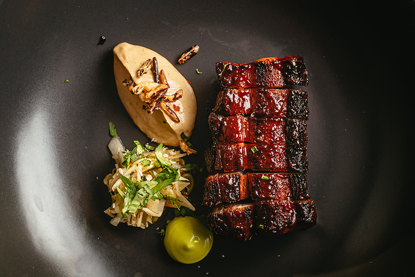 Char Sui pork belly, fennel & cucumber slaw, sesame, onion, pea