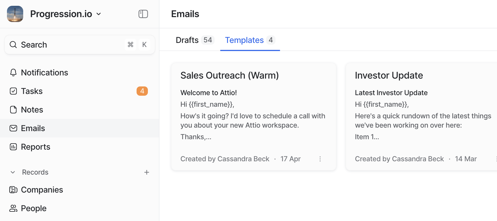 Emails page showing Drafts and Templates tabs with some email templates listed 
