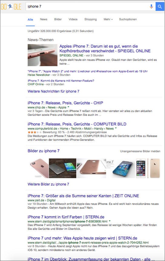 Die aktuelle Suchergebnisseite zum Keyword "iphone 7"