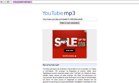 Die Startseite von youtube-mp3.org: ein Feld für den Video-Link, ein Werbebanner, ein Beschreibungstext. 