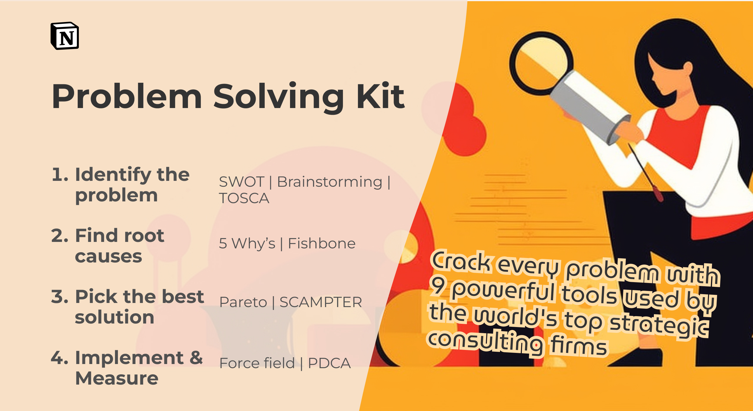 Problem solving kit template - identify problems, find root causes, and implement solutions.